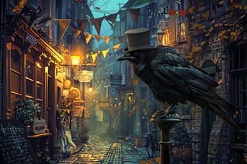 An charismatic crow wearing a miniature top hat, perched on an old-fashioned street lamp in a quaint cobblestone alley, with vintage storefronts and colorful bunting adorning the scene.
