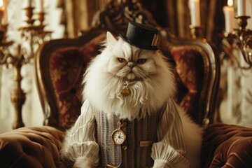A fluffy, white Persian cat dressed in a dapper, vintage gentlemans suit, complete with a mini top hat and a golden pocket watch, seated on an opulent. - obrazy, fototapety, plakaty
