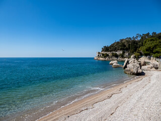 Fototapeta premium Scenic view of majestic historic white Miramare castle in Trieste in Friuli-Venezia Giulia, Italy, Europe. Blue sky in tranquil atmosphere at Adriatic Mediterranean sea in summer. Sightseeing