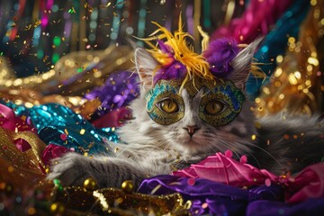 A charismatic, silver tabby cat wearing a vibrant, feathered Mardi Gras mask, posed amidst a burst of colorful, festive streamers and confetti.