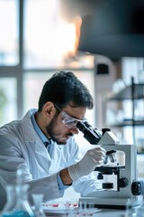 A man in a lab coat is looking through a microscope