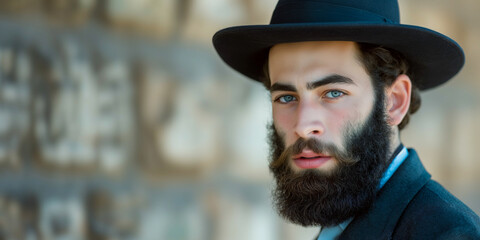 portrait of a young hebrew orthodox jewish man with beard and hat in jerusalem israel, free copy space for text - obrazy, fototapety, plakaty