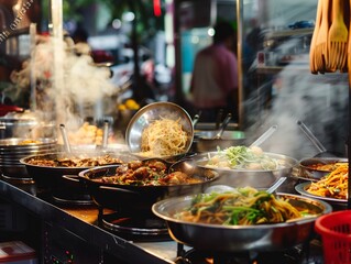 Thai Food Market Grill Cooking: A vibrant scene of traditional Thai cuisine being prepared on a sizzling grill, featuring a variety of fresh vegetables and succulent meats, infused with aromatic spice