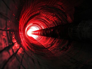 An attention-grabbing image depicting a radial red light glowing through a tunnel in darkness