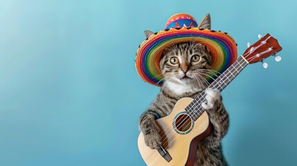 A cat wearing a sombrero hat and holding a guitar on a blue background for Cinco de Mayo