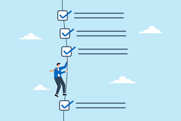 Businessman climbing rope to completed work checklist illustrating completion of tasks or todo lists. Concept of checking off items, achieving productivity goals, and following success plan