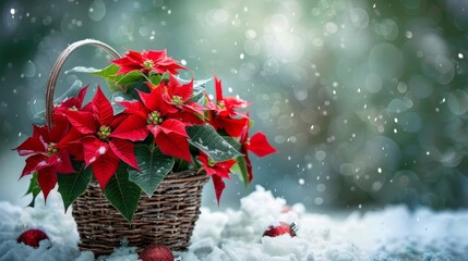 Christmas background. Red Christmas poinsettia flowers in a basket on snowy. Space for text.