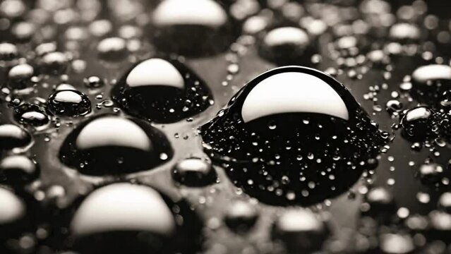 a close-up view of water droplets on a surface, possibly a leaf, a flower, or a window. The black and white color scheme gives the image a classic and timeless feel, highlighting the texture and detai