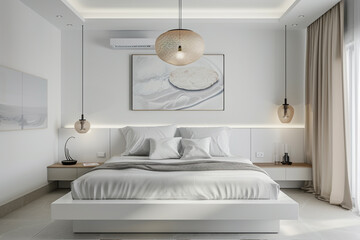 Modern white master bedroom with a dramatic pendant light, a minimalist art piece above the bed, and a low-profile nightstand.