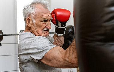 Senior man working out with punching bag at boxing hall. Sport training concept.