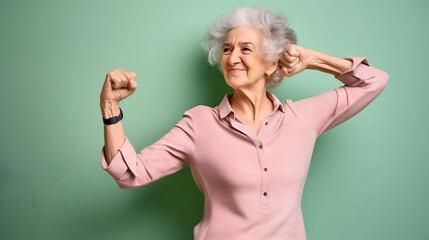 Happy, healthy and strong senior woman showing biceps muscles.