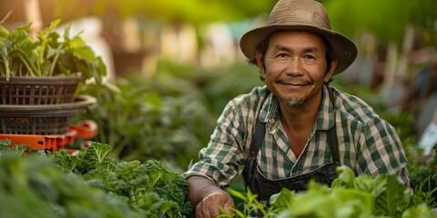 Hardworking Local Farmer Tending to Sustainable Organic Crops in Lush Rural Landscape with Environmental Responsibility