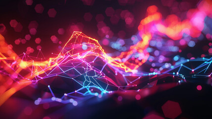Neon energy pulses along digital veins in a low poly world, illustrating the lifeblood of future communication