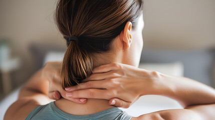 European woman holding her back of neck due to pain