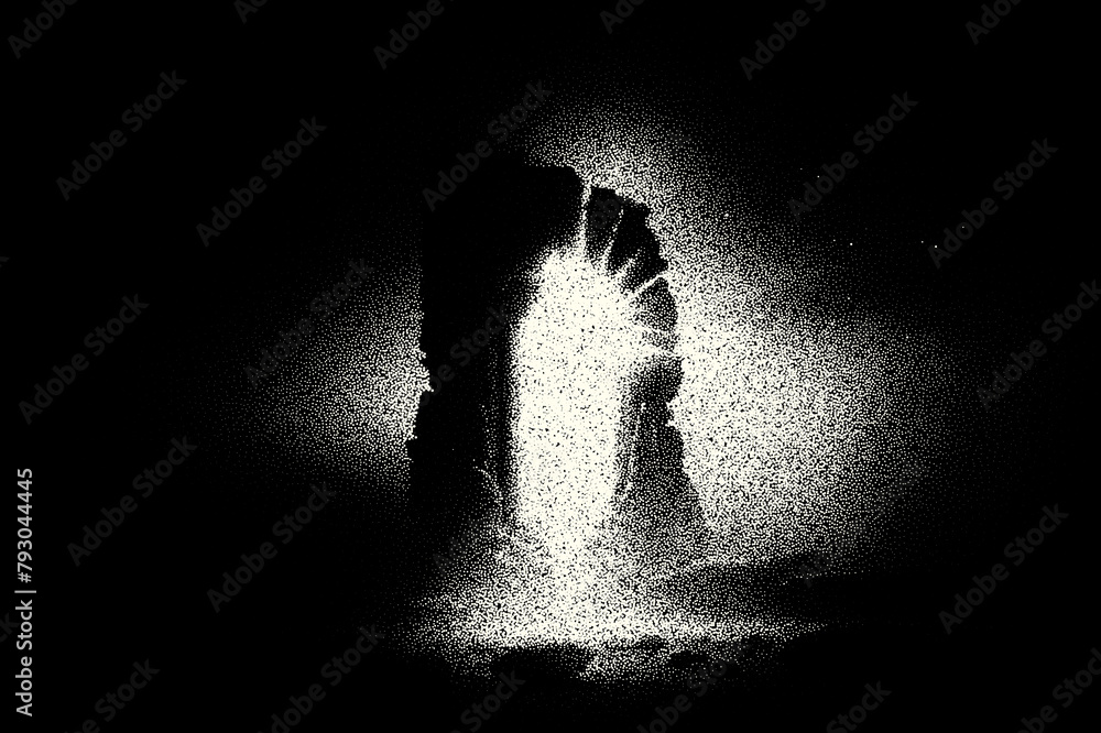 Poster ancient ruins in sci-fi scene with dotwork retro style. mysterious gate debris with dramatic lights 