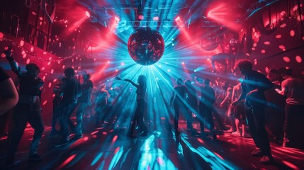 vibrant nightclub scene where people are dancing energetically beneath the dazzling lights of a large disco ball. 