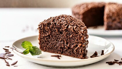 Fatia de bolo brigadeiro servida em um prato de sobremesa. Mesa branca. Foto Close-up. Sobremesa, Brasileira, Chocolate, Granulado, Comida Brasileira.