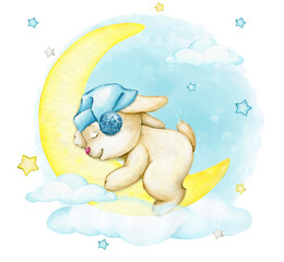sleeping bunny, moon, clouds, stars, watercolor clipart