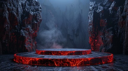 podium design background to display products with a theme of lava, fire or an erupting volcano filled with magma. 3d rendering. ai generative
