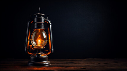 vintage oil lamp turned on with simple background, moody lighting, dark room сreated with Generative Ai