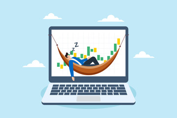 Successful investor sleeps on computer displaying financial graph, illustrating passive investment. Concept of making passive money or earning, wealth management strategies, and financial freedom