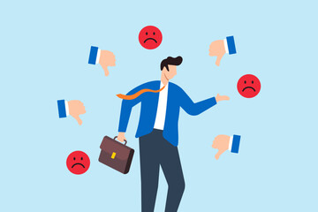 Businessman response to negative feedback, illustrating addressing dissatisfaction, dislikes, or bad customer reviews. Concept of handling complaints, and acknowledging business mistakes or problems