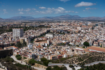 Panorama of Alicante (Costa Blanca, Spain) with a view of the bull ring (Placa de bous, toros, corrida) and characteristic Spanish buildings