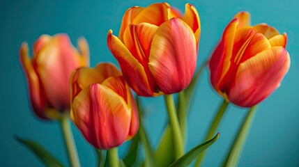 Vibrant tulip blossoms in a springtime close up setting against a blue backdrop perfect for Mother s Day Valentine s anniversaries Easter or birthdays