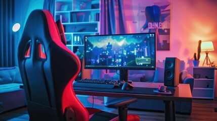 A red and black gaming chair on wheels is in an office. There is a desk to the right with a computer monitor and keyboard on it. There is a tall shelf to the right of the desk with books and plants on