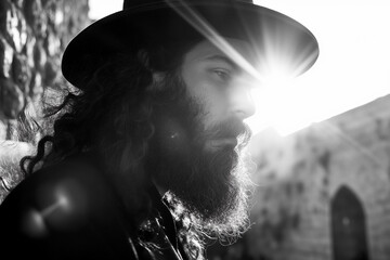 Obraz premium portrait of a young hebrew orthodox jewish man with beard and hat in jerusalem israel, monochrome
