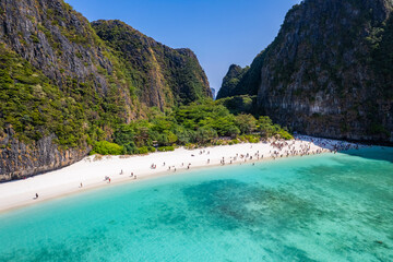 Aerial view of Maya bay beach in koh Phi Phi Leh, Krabi, Thailand
