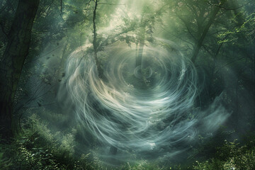 Swirling vortex of ethereal mist in an enchanted forest.