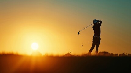 A golfer silhouetted against the setting sun, taking a final shot of the day, the golf ball soaring towards the green.