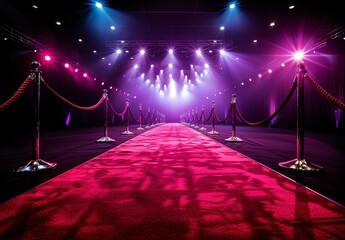 a red carpet with rope barriers and lights