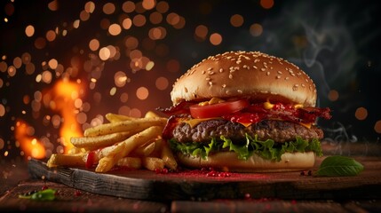Juicy burger with fries, fire and sparks on dark background, wooden table