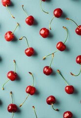 Group of Cherries on Blue Surface