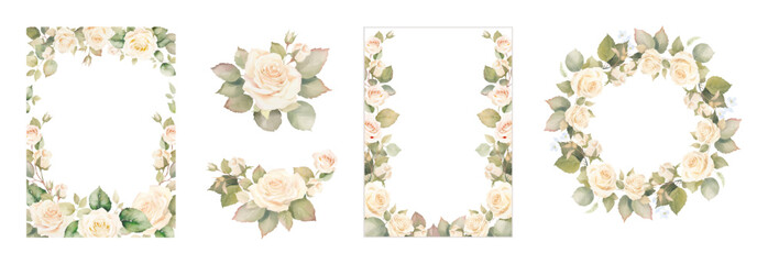 Watercolor vector floral border. White roses and greenery frames clipart. Watercolor wedding invitation template with arrangement flower and leaves. Pastel roses bouquets and borders. 