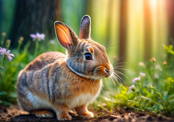 Fototapeta premium Rabbit Sitting in Field of Flowers. Close-up portrait of a cute rabbit.Little happy funny rabbit sitting in nature