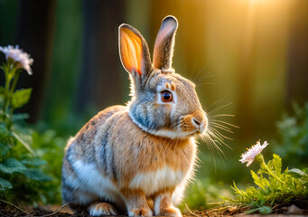 Obraz premium Rabbit Sitting in Field of Flowers. Close-up portrait of a cute rabbit.Little happy funny rabbit sitting in nature