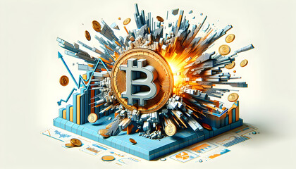 Blockchain Technology Breaking Out: Explosive 3D Bitcoin Icon with Abstract Chart Visuals