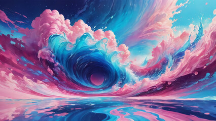 Abstract paint illustration of liquid wave of soft pink and blue - obrazy, fototapety, plakaty