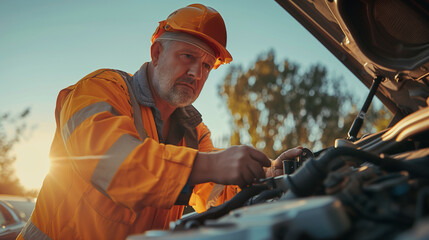An experienced tow truck driver examining a car engine roadside, providing expert help to a stranded driver. , natural light, soft shadows, with copy space