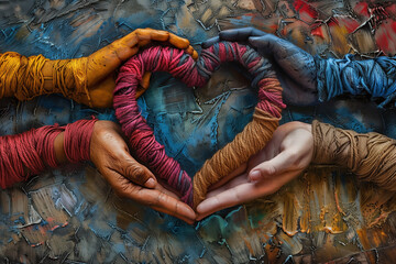 diverse hands form heart with colorful threads. Textured skin tones. Minimal background.