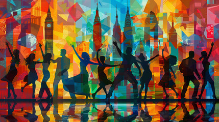  Silhouetted dancers celebrate in global landmarks. Pop Art, Cubist style. Diversity in movement. - obrazy, fototapety, plakaty