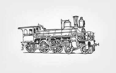 Set of old steam locomotive isolated on white background. Hand drawn illustration.