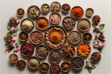 Spices from around the world in a vibrant mandala. Flat lay, minimalist style.