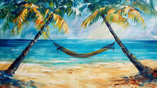 An abstract painting of a hammock between two palm trees on a beach in tropical paradise, , evoking a sense of calm and tropical beauty in a summer holiday