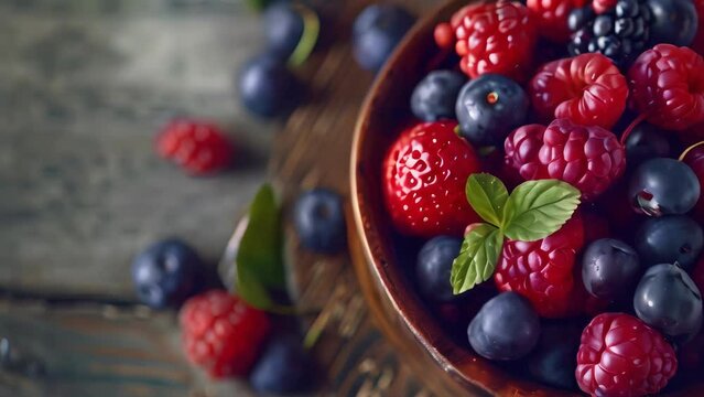 Ripe and sweet berries in bowl on wooden table. 4k video animation