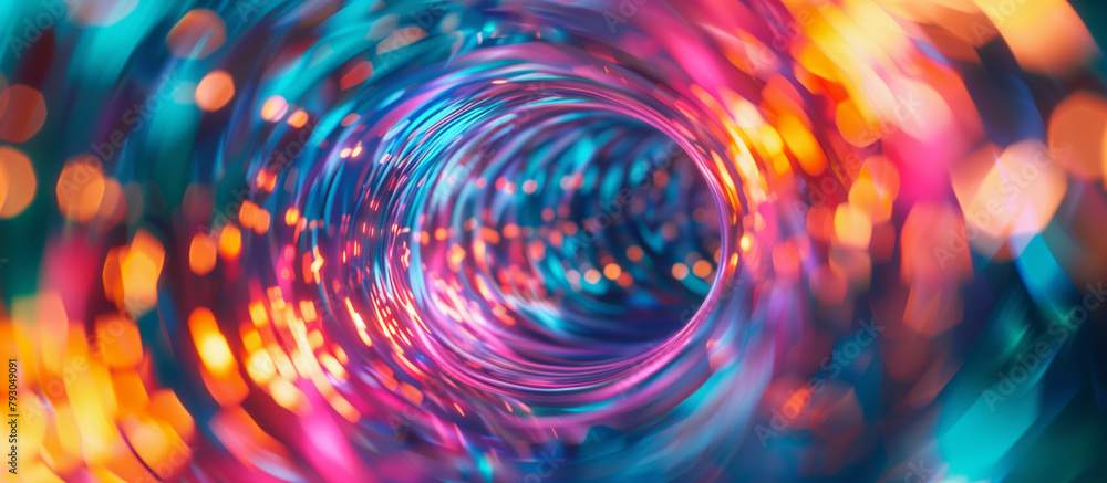 Poster a swirling vortex of bright neon colors creating a sense of motion, with a bokeh effect for added vi