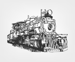 Steam  Locomotive Isolated, Hand Drawn Retro Transport, Vector illustration